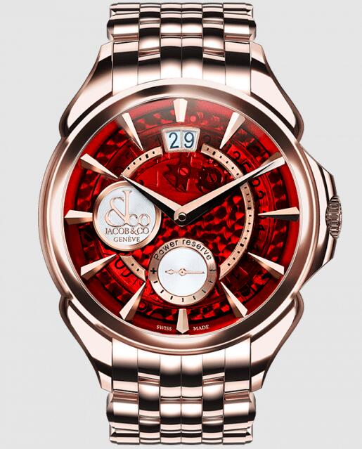 Review Jacob & Co PALATIAL CLASSIC MANUAL BIG DATE RED MINERAL CRYSTAL DIAL ROSE GOLD CASE & BRACELET PC400.40.NS.MR.A40AA Replica watch